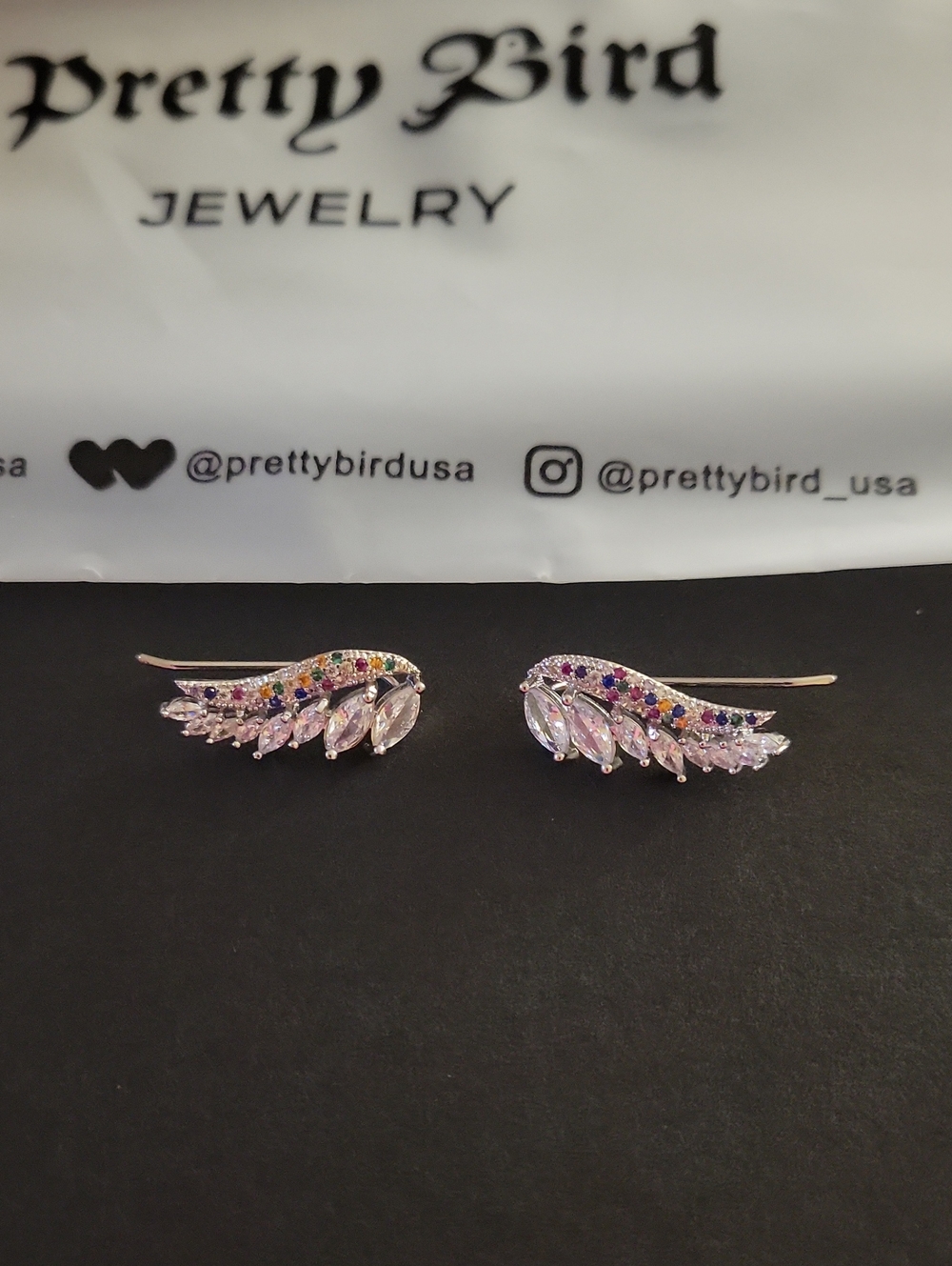 Pretty Bird Rainbow Wing Ear Climbers - 14k White Gold Plated